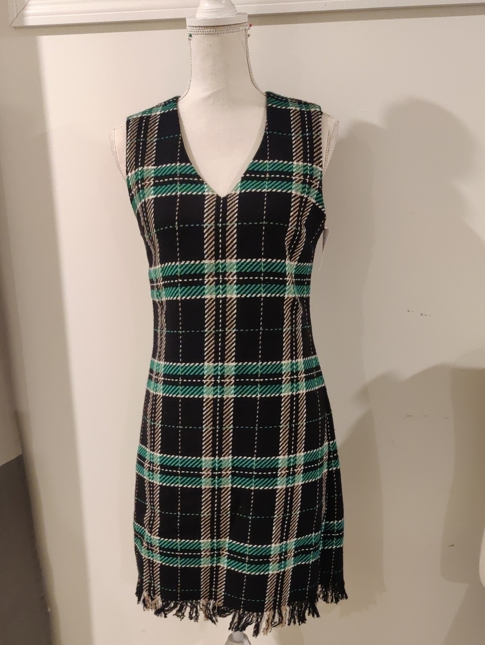 New!Nathalie Chaize Sleeveless Black & Green Plaid V-Neck Mini Tweed Dress Y2K